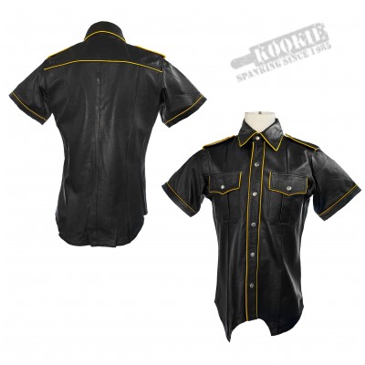 Leather Highway Patrol Shirt - Yellow Piping