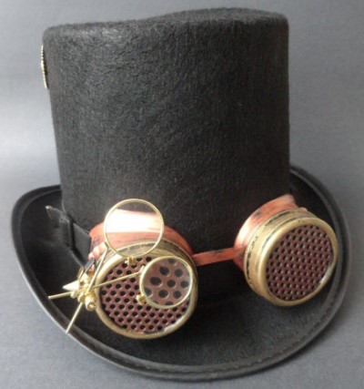Steampunk hat with dual loop on antique goggles with gears